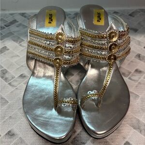 Stoffa Metallic Silver & Gold Embellished Toe-Ring Sandals